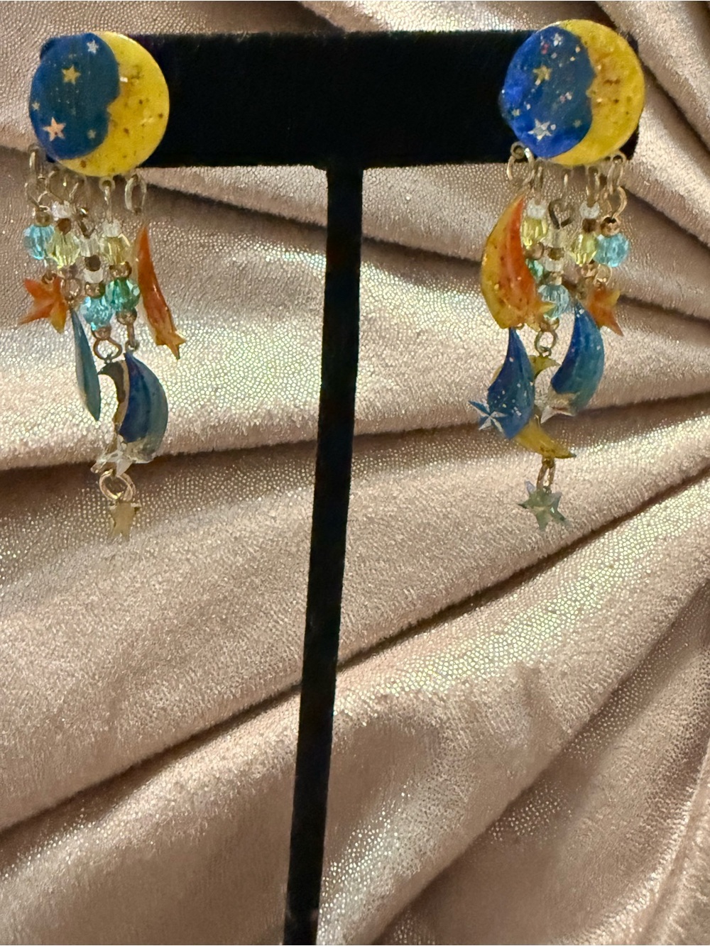 Vintage/Celestial Moon & Star Dangle Earrings - Blue & Yellow